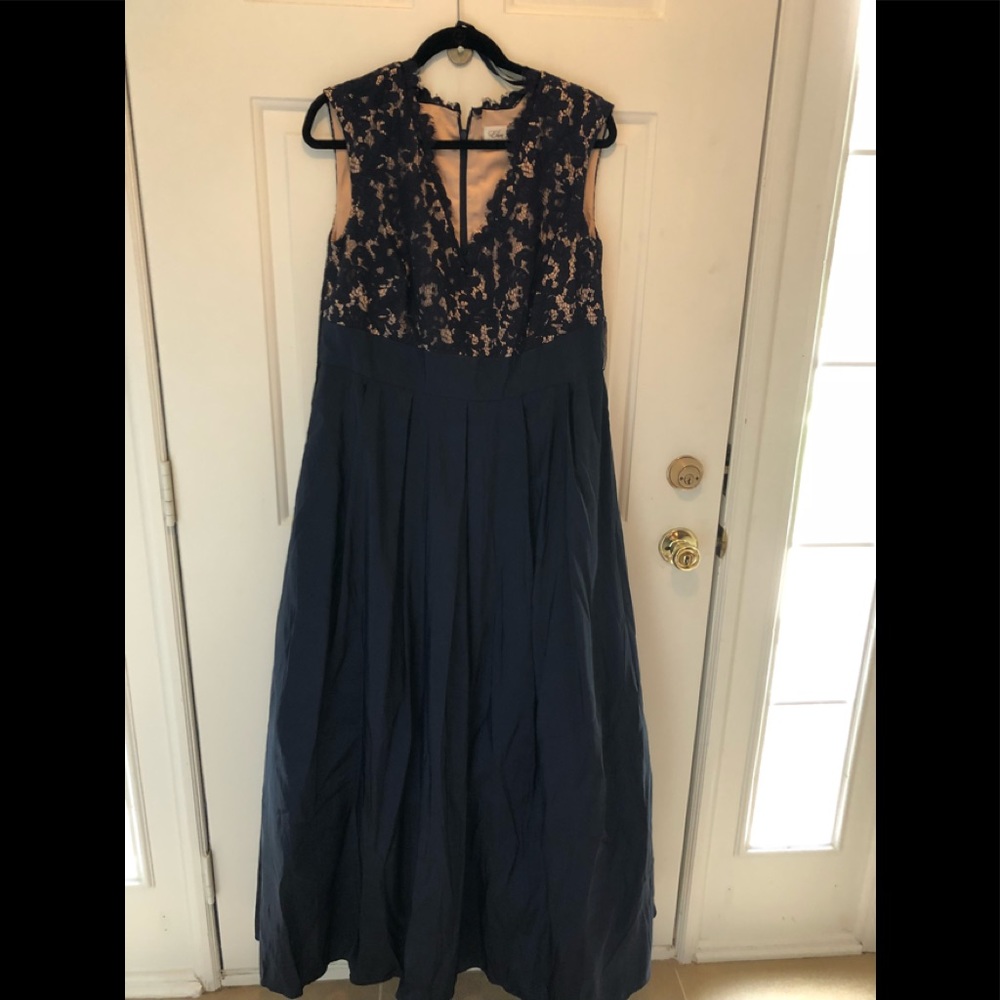 Eliza J Navy Blue Gown, Lace Bodice